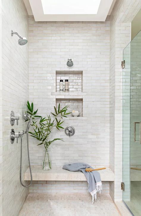 Wooden Shower Bench, Shower Niche Ideas, White Marble Shower, Bathroom Niche, Niche Ideas, Small Bathroom Layout, Marble Showers, Shower Niche, White Shower