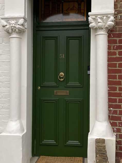 Green Front Door Brown House, Green Door Paint Colors, Green Front Door Brass Hardware, Green Door Bedroom, Emerald Front Door, Dark Green Front Door Brick House, Forest Green Front Door, Green Doors Front Entrance, Green Exterior Door