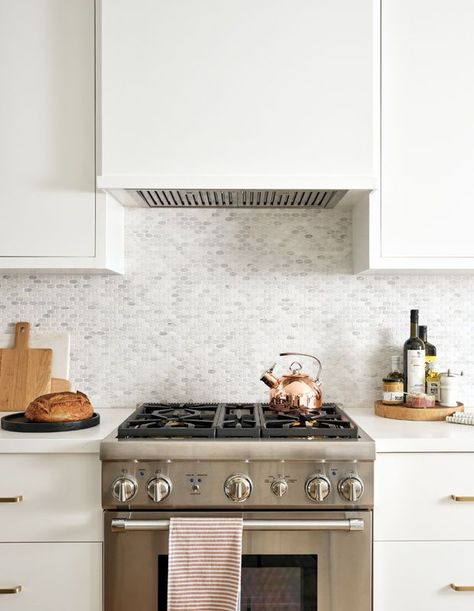 Emily Griffin, Marble Mosaic Backsplash, Range Cover, Kitchen Hood Ideas, Range Hood Ideas, Hood Vent Cover, Kitchen Sunroom, Custom Vent Hoods, Kitchen Hood Design