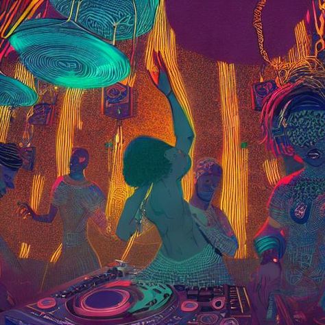 dj set at a bar, a godess dancing afro beats, epic scene, by victo ngai, kilian eng vibrant colours, dynamic lighting, digital art, winning award masterpiece, fantastically beautiful, illustration, aesthetically inspired by beksinski and dan mumford, trending on artstation, art by greg rutkowski, 8 k Neo Soul Art, Indian Music Aesthetic, Afro Music Aesthetic, Afro Beats Aesthetic, Lighting Digital Art, Kilian Eng, Afro Beats, Victo Ngai, 2025 Moodboard