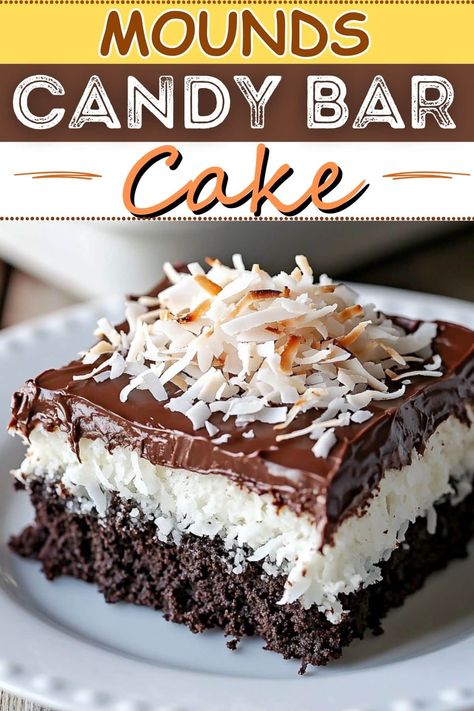 This dreamy Mounds Candy Bar cake features a moist chocolate cake covered in a luscious coconut filling and a decadent layer of smooth chocolate ganache. Desert Auction Ideas, Hershey Bar Cake Recipe, Chocolate And Coconut Cake, Types Of Chocolate Cake, Mounds Poke Cake Recipes, Easy Butterfinger Cake, Decadent Cake Recipes, Desserts With Cake Mix Boxes, Mounds Poke Cake