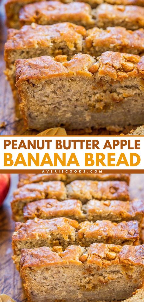 Turn to this apple recipe for an amazing loaf of quick bread! You only need one bowl for this easy fall recipe. Super soft and moist with the perfect combo of flavors, this Peanut Butter Apple Banana Bread is the BEST! Banana Bread Recipe Peanut Butter, Banana And Apple Bread, Apple And Banana Bread, Apple Banana Recipes, Bread Flavor Ideas, Pb Banana Bread, Banana Apple Bread, Banana Bread With Peanut Butter, Fall Baking Ideas