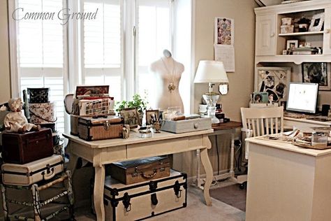 Vintage craft room Vintage Craft Room, French Country Crafts, Lower Level Family Room, Shabby Chic Craft Room, Desert Cottage, Old Luggage, Craft Studios, Craft Spaces, Art Spaces