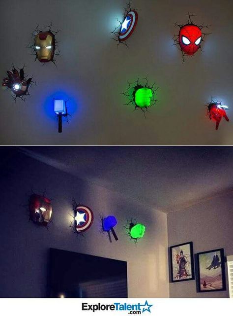 3-D superhero night lights | amazon.com Marvel Bedroom, Avengers Room, Cool Bedrooms For Boys, Marvel Room, Superhero Bedroom, Superhero Room, Boys Bedroom Decor, Boy Bedroom, Big Boy Room