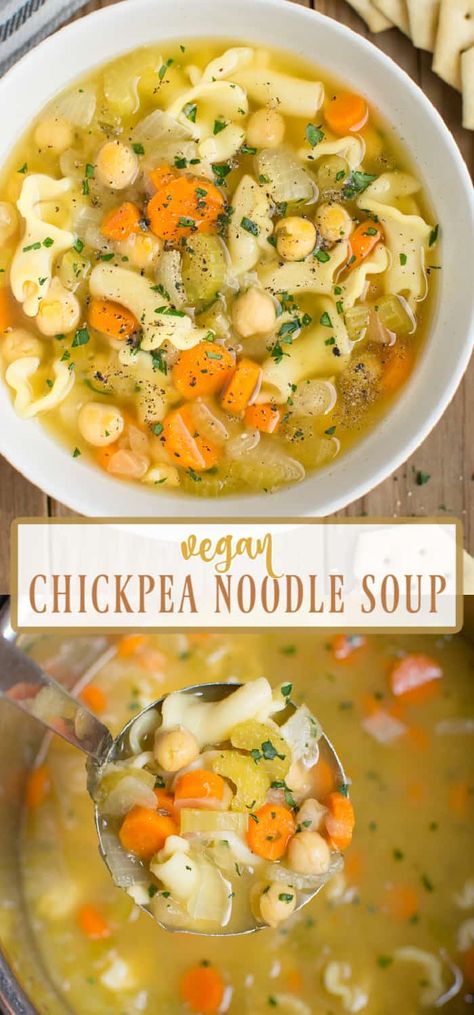 This chickpea noodle soup is a delicious vegan take on the classic chicken noodle soup. It's loaded with common ingredients like noodles, chickpeas, carrots, celery, and onion for a simple homestyle recipe. Make it in the Instant Pot or on the stovetop for an easy dinner. Vegetarian Chicken Noodle Soup, Vegetarian Noodle Soup, Chickpea Stew Vegan, Dinner Instant Pot, Chickpea Noodle Soup, Chickpea Noodle, Vegan Noodle Soup, Vegan Chicken Noodle Soup, Classic Chicken Noodle Soup