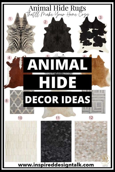 animal hide rugs Layering Multiple Cowhide Rugs, Cow Hide Rug Living Room Layered, Animal Rugs Skin, Faux Animal Skin Rug, Animal Print Area Rugs In Living Room, Layering With Cowhide Rugs, Black Cowhide Rug Living Room, How To Decorate With Animal Hides, Cow Hide Rug Layered