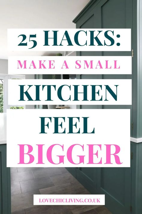 25 simple, easy hacks to make your small kitchen feel bigger. If you don't have a large kitchen and want to make it feel more spacious, use this easy tips to give the illusion of more space. Make Kitchen Look Bigger, Small Kitchen Feel Bigger, Small Narrow Kitchen, Small Kitchen Look Bigger, Small Kitchen Diy, Small Kitchen Hacks, Kitchen Decor Hacks, Compact Kitchen Design, Small Space Hacks