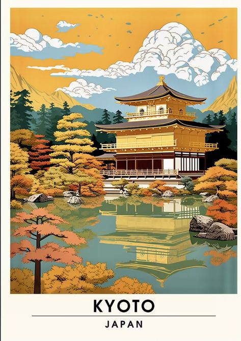 Japanese City Illustration, Japanese Aesthetic Poster, Kyoto Illustration, Japon Aesthetic, Travel Graphic Design, Japan Postcard, Postcards Inspiration, Japan Tourist, Sakura Art