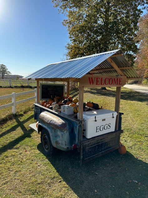 Roadside Stall Farm Stand, Produce Trailer Ideas, Roadside Stand On Wheels, Vegetable Stand Ideas Farmers' Market, Farmers Market Trailer Farm Stand, Vegetable Stands Roadside, Farm Roadside Stand, Cute Farm Stand Ideas, Egg And Produce Stand