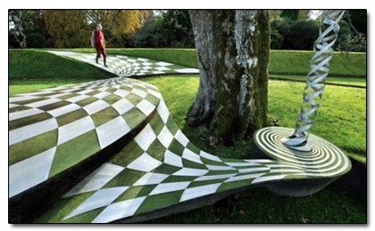 Wanna see what Alice in Wonderland might look like? Garden of Cosmic Speculation in Scotland...The garden is inspired by science and mathematics, with sculptures and landscaping on these themes, such as Black Holes and Fractals. Created by Charles Jencks. Dumfries Scotland, Charles Jencks, Garden Of Cosmic Speculation, Landscape Plaza, Tree Grate, Italian Gardens, Landform, Most Beautiful Gardens, Outdoor Playground