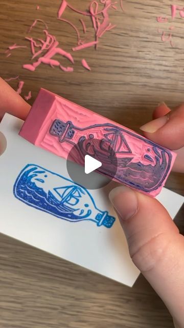 Emilie | CauleyCreative on Instagram: "⚠️No eraser is safe⚠️ Just look at this adorable mini ship in a bottle!! These tiny eraser projects are so fantastic because I can crank these out after a pretty busy day.   I have a couple more pink erasers so expect more mini prints from me 🤩 . . . #miniprint #linocut #printmaker #smallprint #printmaking #artistsoninstagram #reusable #recycle #upcycle #stamp #stamping #stampmaking #process #artprocess #fyp #printshop #smallbusiness #justhavingfun" Pink Eraser Art, Pink Eraser Linocut, Eraser Block Print, Pink Eraser Stamp, Eraser Printmaking, Eraser Linocut, Eraser Stamp Ideas, Eraser Prints, Eraser Carving