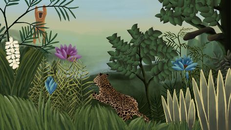 Henry rousseau rainforest leopard monkey illustration image Henry Rousseau, Henri Rousseau Paintings, Safari Mural, Kaira Looro, Jungle Pictures, Monkey Illustration, School Art Activities, Rose Gardens, Tropical Painting