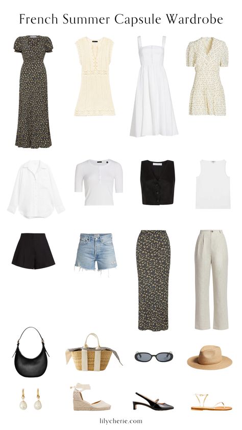 French Summer Wardrobe, Spring Summer 2024 Capsule Wardrobe, Clean Girl Capsule Wardrobe, French Girl Capsule Wardrobe, Clean Summer Outfit, Romantic Capsule Wardrobe, Parisian Style Women, French Girl Summer Style, French Girl Summer