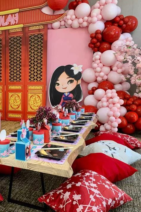 Take a look at this cute Mulan 1st birthday party! The table settings will blow you away!! See more party ideas and share yours at CatchMyParty.com Mulan Birthday Party, Chinese Theme Parties, Mulan Birthday, Mulan Party, Asian Party Themes, Cherry Blossom Party, Chinese Birthday, Chinese Party, Princess Balloons