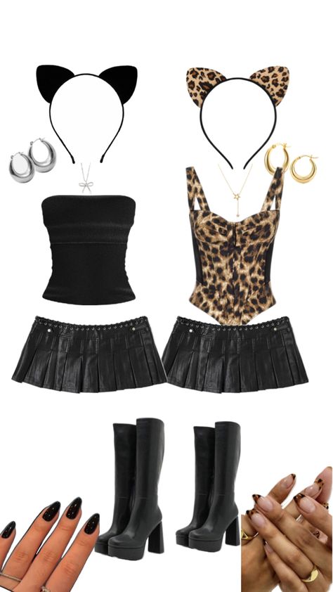 duo halloween costume, costume, halloween, cat and leopard, matching, leopard print, twinning Matching Cat Costumes, Pretty Duo Halloween Costumes, Quick Duo Halloween Costumes, Cat Halloween Costume Aesthetic, Leopard Cat Costume, Halloween Duo Costumes Aesthetic, Black Cat And Cheetah Costume, Twinning Halloween Costumes, Duo Costumes Aesthetic