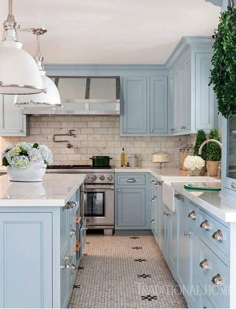 Beautiful Blue Farmhouse Kitchens that Will Inspire You! - The Cottage Market Light Blue Cabinets, Kitchen With Blue Cabinets, Model Dapur, Blue Cabinets, Coastal Kitchen, Blue Kitchen, Blue Kitchens, Design Jobs, Cottage Kitchen