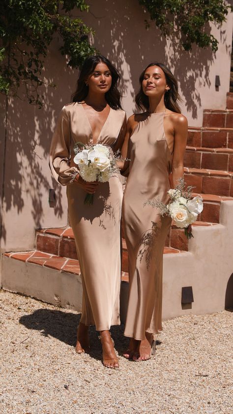 Tan Colored Bridesmaid Dresses, Wedding Guest Brown Outfit, Satin Neutral Bridesmaid Dresses, Maid Of Honor Dress With Sleeves, Billy J Bridesmaid Dresses, Neutral Brown Bridesmaid Dresses, Latte Bridesmaid Dress, Neutral Wedding Guest Outfit, Latte Bridesmaid Dresses