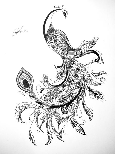 Feminine Peacock Tattoo, Peacock Line Art, Peacock Sketch, Peacock Tattoos, Filigree Tattoo, Peacock Feather Tattoo, Peacock Tattoo, Cute Tats, Fabric Painting Techniques