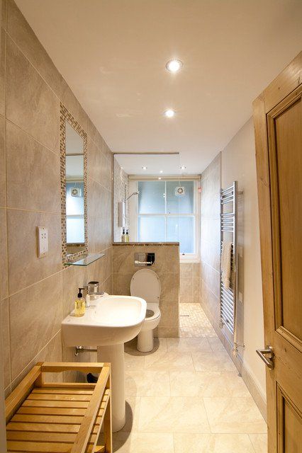 19 Narrow Bathroom Designs That Everyone Need To See                                                                                                                                                                                 More Narrow Bathroom Layout, Small Narrow Bathroom, Long Narrow Bathroom, Narrow Bathroom Designs, Makeover Kamar Mandi, Small Bathroom Layout, Narrow Bathroom, Bathroom Floor Plans, Best Modern House Design