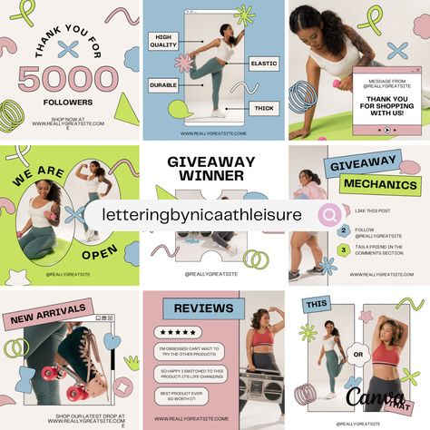 The pin contains 9 beautiful social media posts for marketing an Athleisure brand Y2k Social Media Design, Clean Moodboard, Media Design Graphics, Aesthetic Athleisure, Content Branding, Canva Branding, Canva Marketing, Canva Aesthetic, Aesthetic Templates