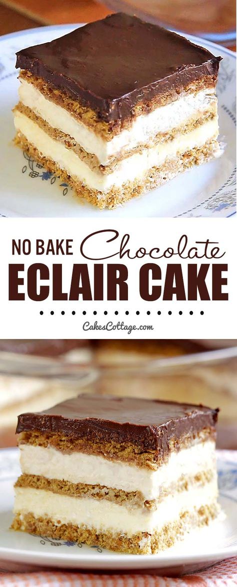 Weight Watchers Desserts, Eclair Recipes, No Bake Chocolate Eclair Cake, No Bake Chocolate Eclair, No Bake Eclair Cake, Eclairs Dessert, Eclair Cake Recipes, Chocolate Eclair Cake, Icebox Desserts