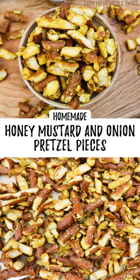 Make this DIY Homemade Honey Mustard and Onion Pretzel Recipe that is inspired by the store bought version. These Honey Mustard and Onion pretzel bites are incredibly easy and simple to throw together, and are great for game day or for gift giving. Learn how to make honey mustard and onion pretzel pieces by clicking the link for this recipe. Pretzel Pieces Recipe, Honey Mustard And Onion Pretzels, Sweet Onion Mustard Recipe, Diy Honey Mustard Pretzels, Copycat Dots Honey Mustard Pretzels, Honey Mustard Sauce For Pretzels, Air Fryer Pretzel Recipes, Homemade Honey Mustard Pretzels, Homemade Hard Pretzels