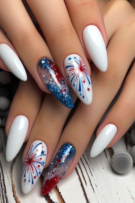 ✨  Whether you're celebrating with friends, family, or just showing off your patriotic spirit, this nail designs will make your fingertips the star of the show.  💅  #4thOfJulyNails #PatrioticNails #NailArt  👉 Click to explore and get inspired! Patriotic Nails 4th Of July Nailart, Pink Firework Nails, Fire Work Nails Design 4th Of July, Red White Blue Firework Nails, Cute July 4th Nails, 4 Of July Nails Gel, Nail Inspiration 4th Of July, Fourth Of July Nails Designs Fireworks, Forth Of July Nails Fireworks