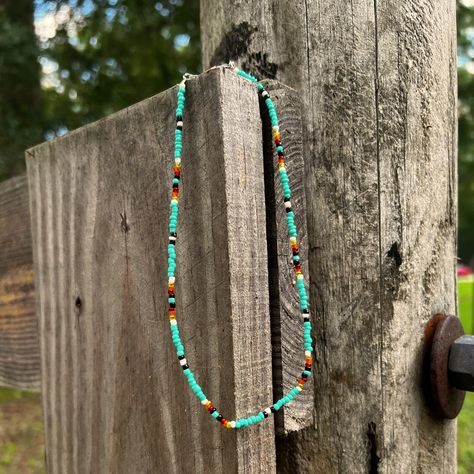 Handmade By Me:) You Can Choose Between 14” And 16” Turquoise Colored Western Necklace Beaded Country Necklace, Aztec Beaded Necklace, Western Pearl Necklace, Western Inspired Jewelry, Western Bracelet Colors, Western Jewelry Beaded, Western Necklace Ideas, Western Jewelry Making Ideas, Seed Bead Necklace Western