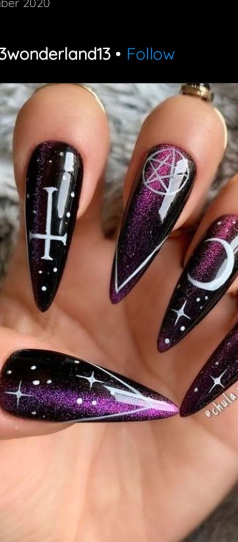 Dark Purple Goth Nails, Witchie Nails, Black And Purple Witchy Nails, Halloween Witch Nails Acrylic, Black And Violet Nails, Black Magic Nails, Nail Ideas Purple And Black, Black And Purple Stiletto Nails, Black And Purple Acrylic Nails