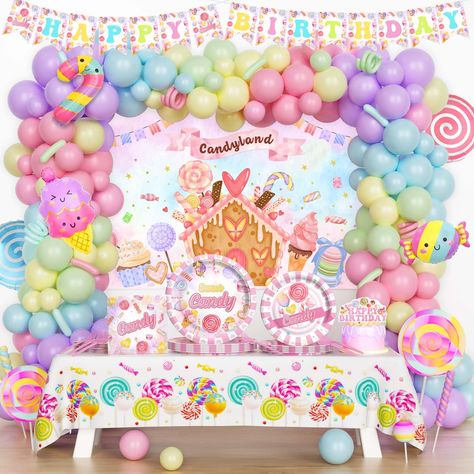 PRICES MAY VARY. 🍬 SWEETEN YOUR PARTY WITH CANDYLAND – Transport your guests to the ultimate Candyland party! Our bright and colorful decorations will transform any space into an authentic candy paradise, filled with sweet surprises at every turn. Get ready to indulge in pure, sugar-coated delight! 🍭 CANDYLAND PARTY DECORATIONS INCLUDES - 100 x 12’’ latex balloons | 50 x 5’’ latex balloons | 6 x magic balloons | 5 x foil balloons | 1 x backdrop | 1 x banner | 1 x tablecloth | 1 x cake topper | Candy Themed 2nd Birthday, Land Of Sweets Birthday Party, Sweets Birthday Party Theme, Candyland Birthday Party Decorations, Candy Land Backdrop, 6th Birthday Girl Themes, Candy Land Birthday Party Ideas, Candyland Theme Party, Candyland Party Decorations