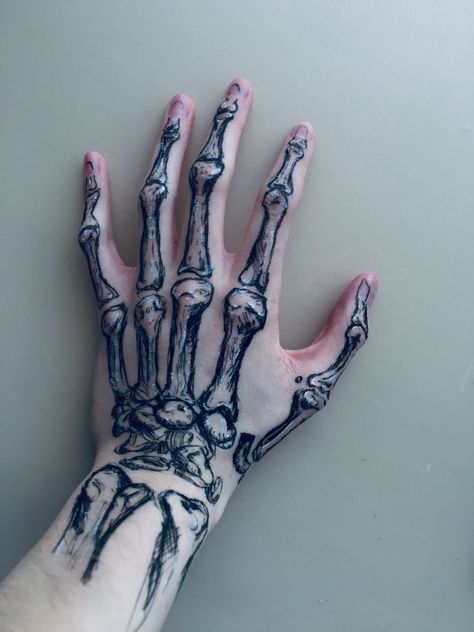 Bones Drawn On Your Hand, Female Skull Hand Tattoo, Skeleton Tattoos Hand, Alternative Hand Tattoo, Scelotin Hand Tattoo, Skull Hand Drawing On Hand, Skeloten Hand Tattoos, Bone Tattoo Hand, Skeletal Hand Tattoo