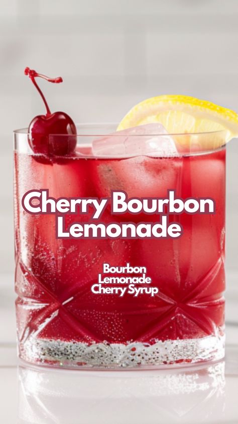 When looking for a drink with a kick, Cherry Bourbon Lemonade is the perfect mix of sweet and strong. The smooth bourbon complements the tart lemonade, while cherry syrup adds a burst of flavor. #cherrybourbonlemonade via @mybartender Cherry Cocktails, Bourbon Mixed Drinks, Bourbon Lemonade, Bourbon Drinks Recipes, Lemonade Cocktails, Cherry Bourbon, Cocktail Cards, Creative Drinks, Cherry Drink