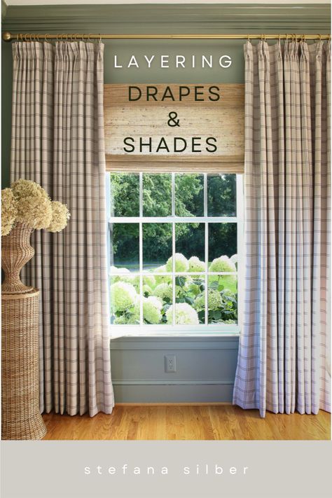 Curtain With Roman Shade, Fabric Roman Shades With Curtains, Vintage Modern Window Treatments, Roman Shades Bay Window Kitchen, Roman Shades Under Curtains, Library Window Treatments, Roman Shades With Sheer Curtains, Roman Shades And Curtains Together Bedroom, Traditional Window Treatments Living Room