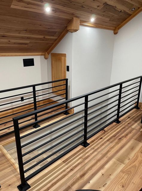 Buy a Custom Length Railing, Modern Metal Horizontal Bar Stair Railings, USA Made – optimumhandrails Black Metal Loft Railing, Home Railing Ideas, Horizontal Indoor Railing, Horizontal Railings For Stairs, Horizontal Metal Railings Indoor, Stair Railing Ideas Horizontal, Farmhouse Iron Stair Railing, Modern Loft Railing Ideas, Metal Horizontal Stair Railing