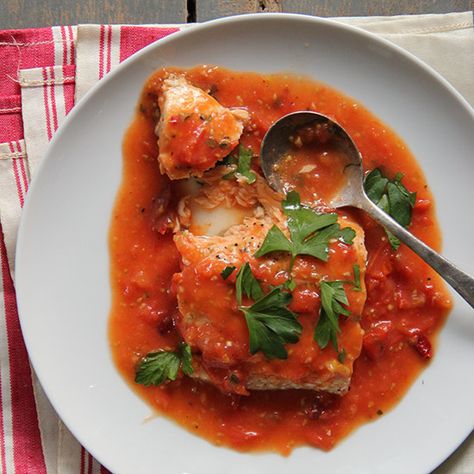 Slow Baked Salmon, Fresh Tomato Sauce Recipe, Poached Fish, Salmon Spices, Wine Recipe, Tomato Basil Sauce, Fresh Tomato Sauce, Basil Sauce, Tomato Sauce Recipe