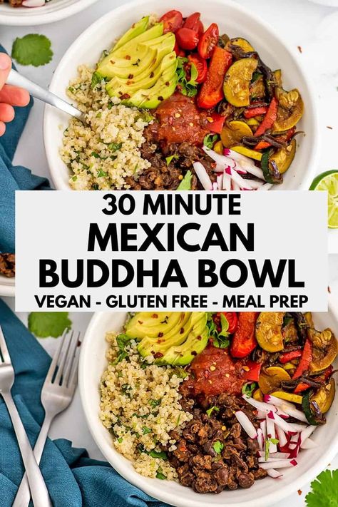 Mexican Buddha Bowl - Vegan, Gluten Free, Dairy Free, Plant Based, Meal Prep - ready in 30 minutes, this healthy buddha bowl is packed with flavor and so easy to make. Great for meal prep too! Loaded Bowls, Mexican Buddha Bowl, Cilantro Lime Ranch, Cilantro Lime Ranch Dressing, Quick Guacamole, Gluten Free Meal Prep, Mini Peppers, Buddha Bowls Recipe, Vegan Buddha Bowl