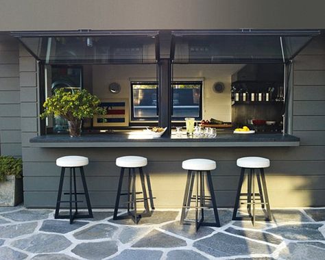 Kitchen pass-thru with lift-up windows; no sill/track Replace Windows, Pass Through Kitchen, Kitchen Window Bar, Kitchens Designs, Kitchen Pass, Malibu Mansion, Bar Exterior, Stools Kitchen, Window Bars