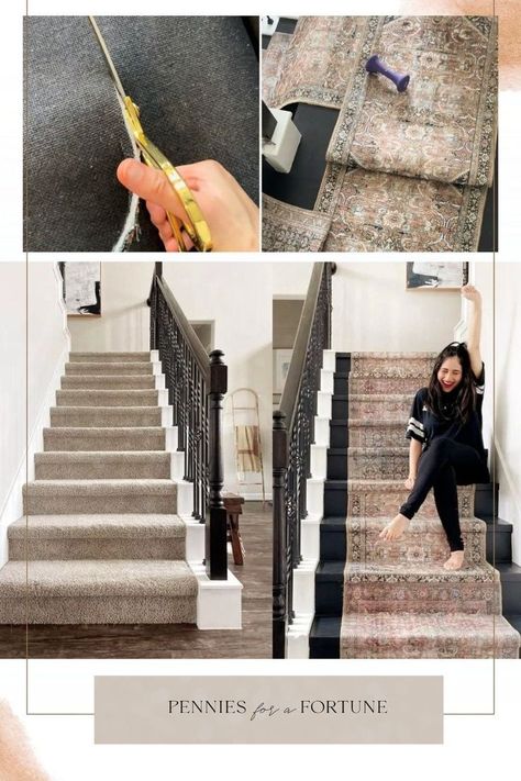 A carpet runner always improves the staircase design and adds style to the space. If this is your first time installing a carpet runner on your hardwood staircase, I'm sharing how I completed this easy DIY home project with a unique look. This step-by-step staircase runner home improvement project will show you how I achieved the look of a beautiful vintage stair runner by mixing three new runner rugs. Learn how to install a staircase runner and which materials you need for this project! Painted Stairs With Carpet Runner, Diy Home Updates On A Budget, Carpet Runner On Stairs, Vintage Stair Runner, Runner On Stairs, Townhome Decor, Hardwood Staircase, Stair Runner Installation, Easy Diy Home Projects