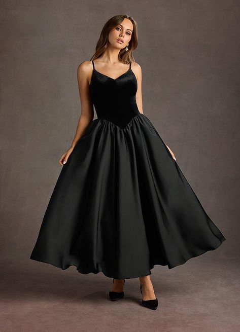 Pandora Black Dropped Waist Maxi Dress | Azazie Formal 60s Dress, Black Tie Inspo Women, Wedding Guest Dresses Modest, Drop Waist Dress Formal, Old Hollywood Black Dress, Black Tie Winter Wedding Guest Dress, Drop Waist Prom Dress, Gala Attire For Women, Christmas Ball Dresses