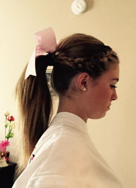 Low Cheer Ponytail With Bow, Cheer Competition Hair Ponies, Cheer Low Pony, Cheer Hairstyles High Ponytails, Cheer High Ponytail, Cheer Ponytail Hairstyles, Hair Styles For Cheer, Gameday Hair, Cheer Ponytail