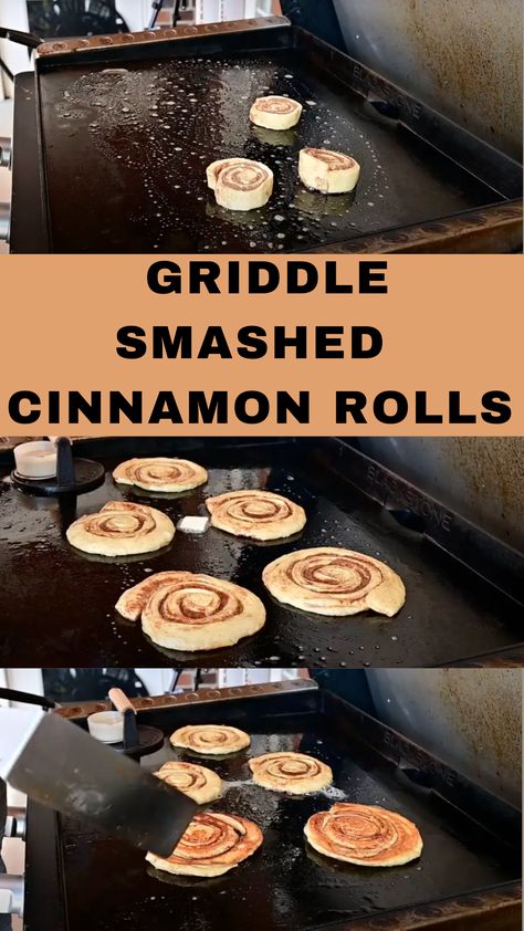 Enjoy the convenience of Pillsbury cinnamon rolls—delicious and ready to bake right from your fridge! But if you're in a hurry, try griddle cinnamon rolls – they're quick, taking less than 15 minutes, and require minimal prep; just preheat your flat top griddle, and you're good to go!#griddlesmashed cinnamonrolls#smashedcinnamonrollsonblackstone#cinnamonrollsongriddle Smashed Cinnamon Rolls, Outdoor Griddle Recipes, Griddle Cooking Recipes, Pillsbury Cinnamon Rolls, Outdoor Cooking Recipes, Cooking Stone, Flat Top Griddle, Griddle Recipes, Griddle Cooking