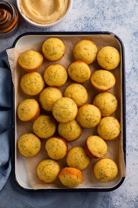 Mini Cornbread Muffins with Honey & Dill - Always Eat Dessert Cornbread Mini Muffins, Mini Cornbread Muffins, Mini Cornbread, Honey Cornbread Muffins, Honey Cornbread, Cornbread Muffins, Pizza Bread, Mini Muffins, Eat Dessert