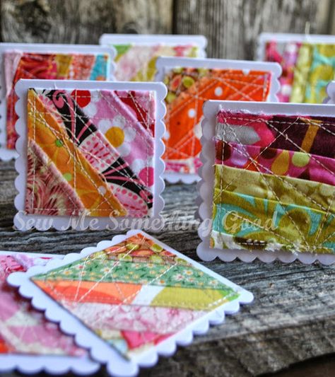 Not a bit goes to waste. - Sew Me Something Good Fabric Note Cards, Scrap Fabric Crafts, Scrap Fabric Projects, Sewing Cards, Fabric Postcards, Fabric Cards, Small Sewing Projects, Fabric Projects, Art Textile