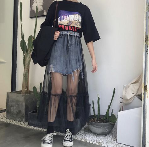 Mesh Skirt Outfit Ideas, Mesh Skirt Outfit, Ripped Denim Skirt, Fest Outfits, Interesting Outfits, Stylish Work Attire, Distressed Denim Skirt, Mesh Skirt, Mesh Overlay