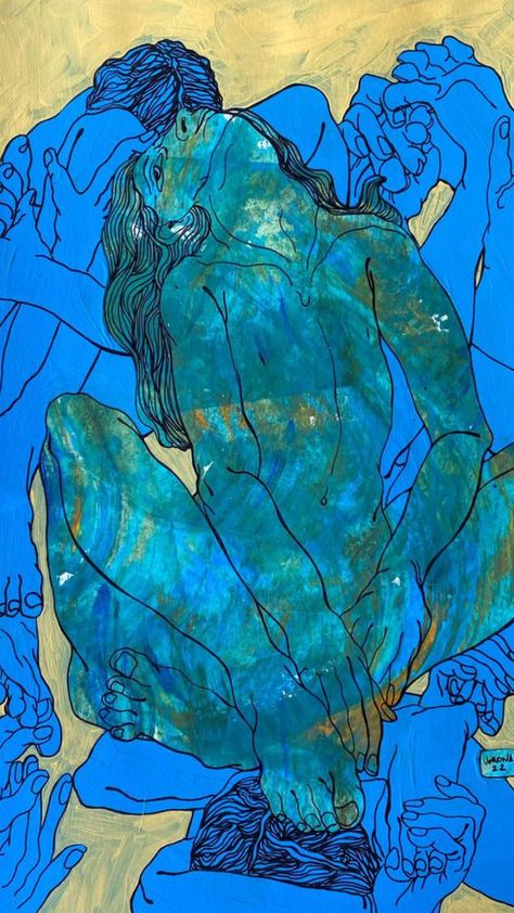 A figurative painting in rich blue hues depicting elongated bodies, feet, and hands layered on top of each other. Croquis, Feminist Art, Painting Women, Arte Inspo, Expressionism Painting, Acrylic On Paper, Love Painting, Art Moderne, Artwork For Sale