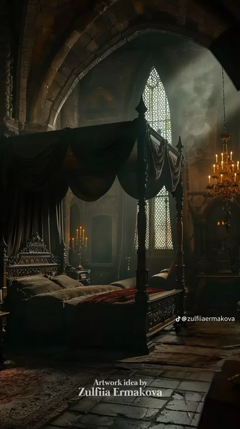 Targaryen Bedroom, Gothic Royal Bedroom, Victorian Castle Interior, Vampy Bedroom, Victorian Era Bedroom Aesthetic, Gothic Castle Bedroom, Modern Castle Interior, Medieval Room Aesthetic, Medieval Bedroom Aesthetic