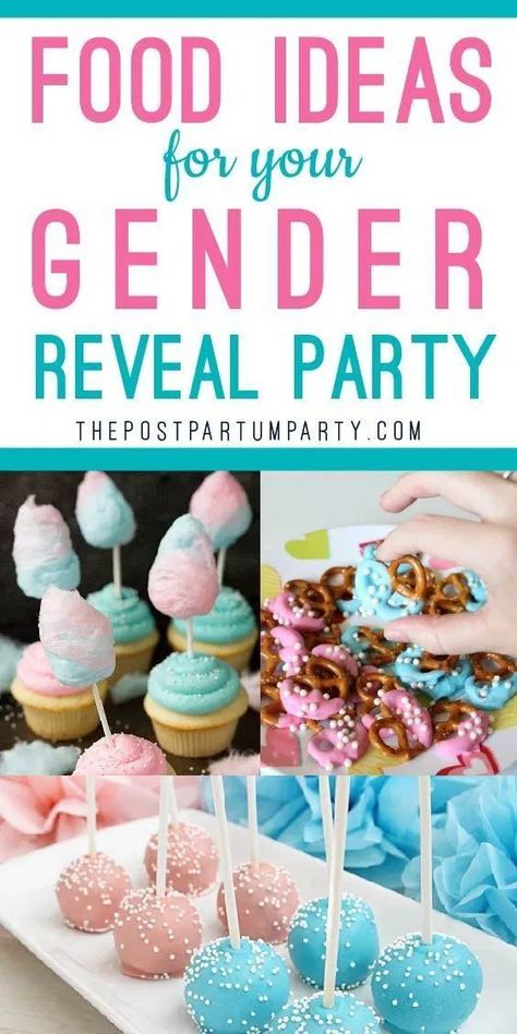 Gender Reveal Ideas For Party 2023, Gender Reveal Snacks Finger Foods, Snack Ideas For Gender Reveal Party, Gender Reveal Ideas Food Snacks, Gender Food Reveal Ideas, Gender Reveal Refreshments, Pink And Blue Party Food, Gender Reveal Brunch Ideas Finger Foods, Small Gender Reveal Food Ideas