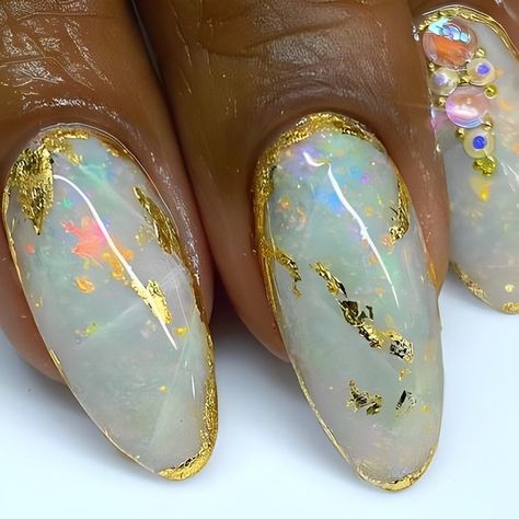 Best Opal Nails Ideas to Reflect Your Radiance | ND Nails Supply Gold Polish Nails, Geode Nail Designs, Opal Nail Art, Opal French Tip Nails, Black Opal Nails, Blue Opal Nails, Fantasy Nails Designs, Crystal Inspired Nails, Opal Nail Designs