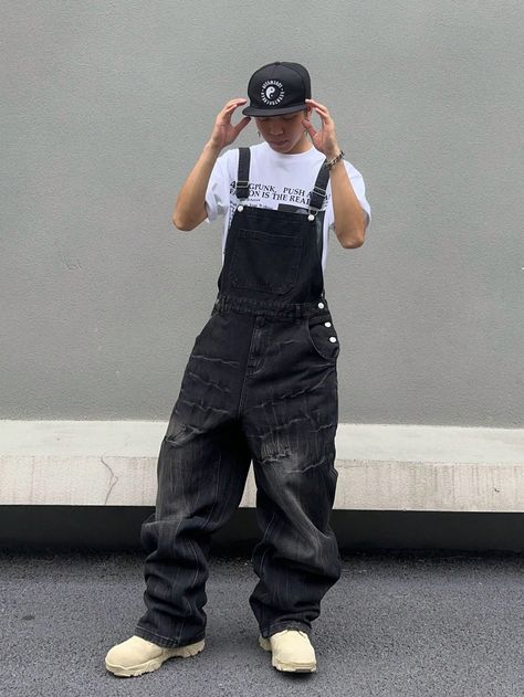 Men Ripped Slant Pocket Denim Overall Jumpsuit Without Tee Black Casual  Sleeveless Denim Plain Overall Non-Stretch  Men Clothing, size features are:Bust: ,Length: ,Sleeve Length: Skateboard Style Mens, Fits With Overalls, Gothic Streetwear Men, Black Overalls Outfit Men, Men Fashion Black And White, Men 2000s Fashion, Alt Style Men, Black Men Outfits Street Style, Mens Overalls Outfits