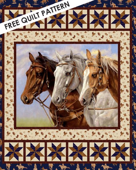 Free quilt pattern: make a beautiful western quilt with Riley Blake Designs' horse panel and Ride the Range fabric prints by Tara Reed. Perfect to snuggle up and watch your favorite western dramas on tv! Wildlife Quilts, Cowboy Quilt, Western Quilts, Panel Quilt Patterns, Tara Reed, Horse Quilt, Horse Fabric, Fabric Panel Quilts, Quilt In A Day